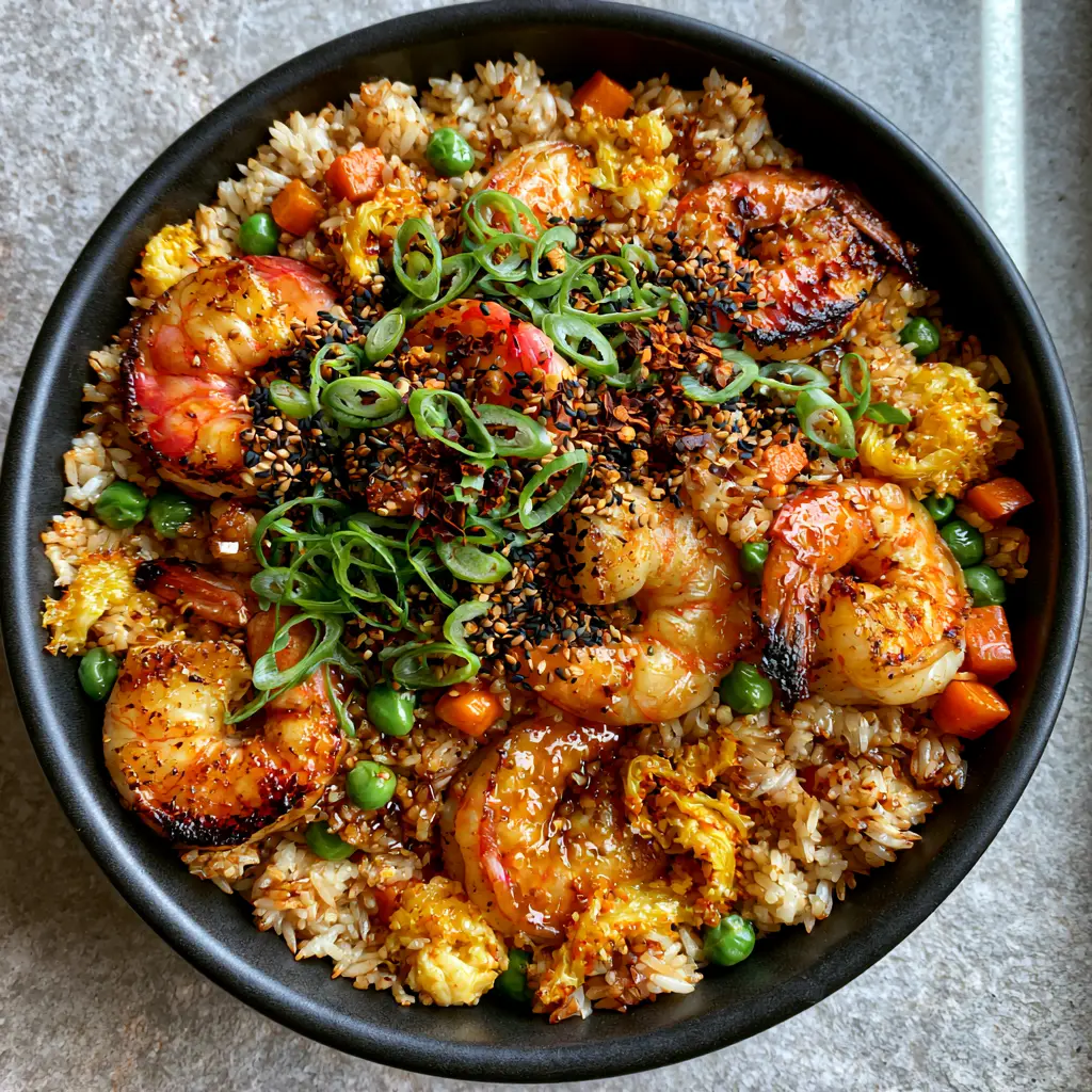 Wide shot of the plated Shrimp Fried Rice Recipe garnished with black sesame seeds and scallions on a stone background.