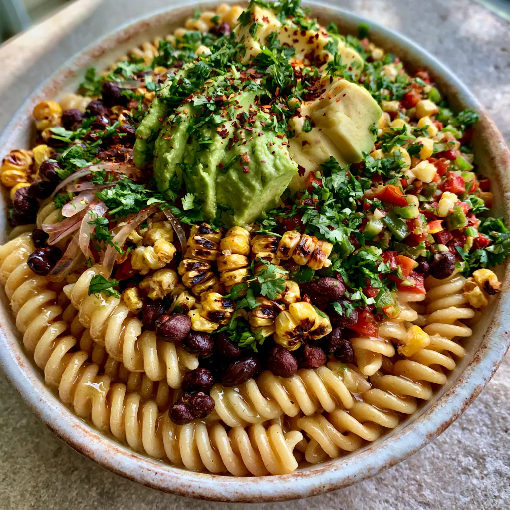 Rustic bowl of Cowboy Caviar Pasta Salad topped with chunky avocado and red chili flakes.