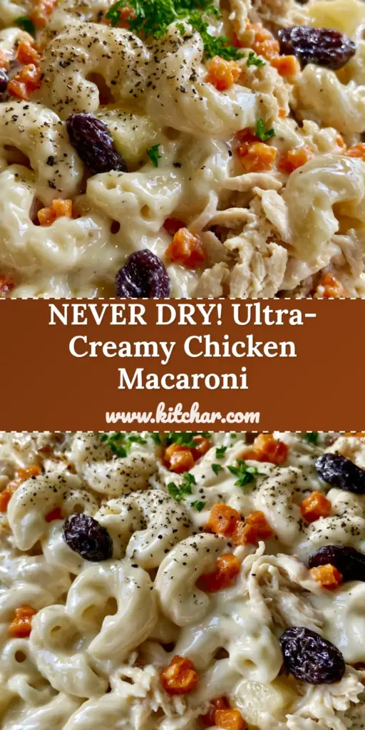A large white ceramic bowl of Filipino chicken macaroni salad with glossy dressing, shredded chicken, raisins, and pineapple tidbits. (chicken macaroni salad)