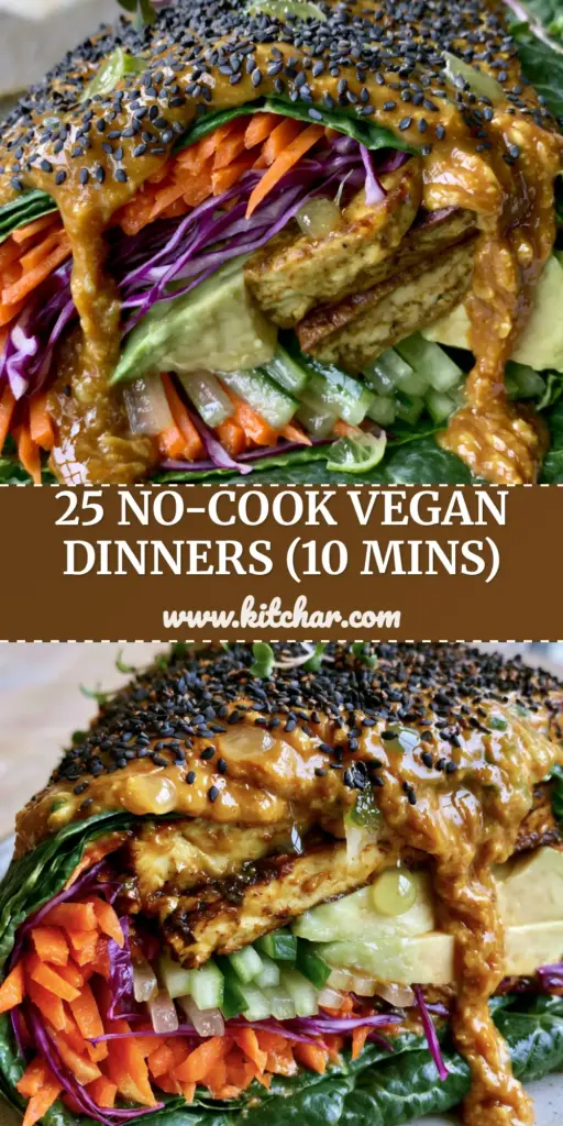 A close-up vertical shot of a vibrant vegan rainbow wrap in a collard green leaf, featuring shredded cabbage, carrots, and peanut sauce. (Vegan summer recipes)