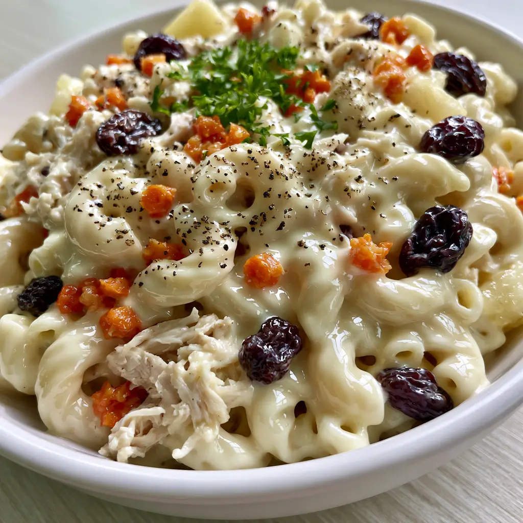 A top-down view of chicken macaroni salad showing vibrant carrots, dark raisins, and pineapple chunks sprinkled with parsley.