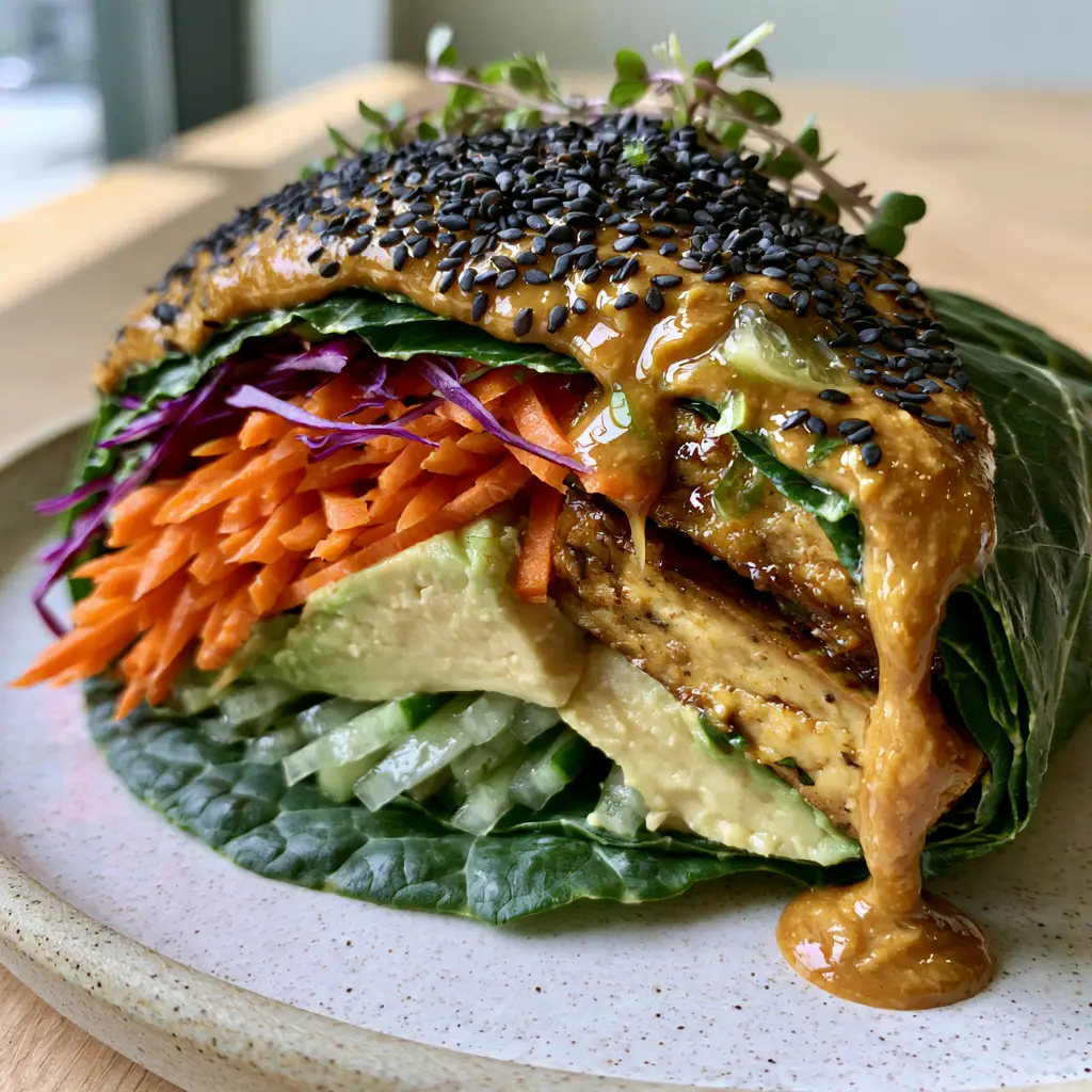 Detailed view of ginger-peanut sauce dripping over a collard green wrap garnished with sesame seeds and microgreens.