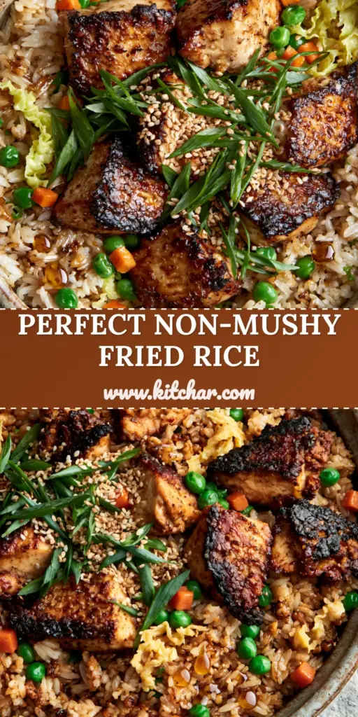 A rustic bowl filled with chicken fried rice featuring seared chicken, emerald peas, and golden jasmine rice. (chicken fried rice)