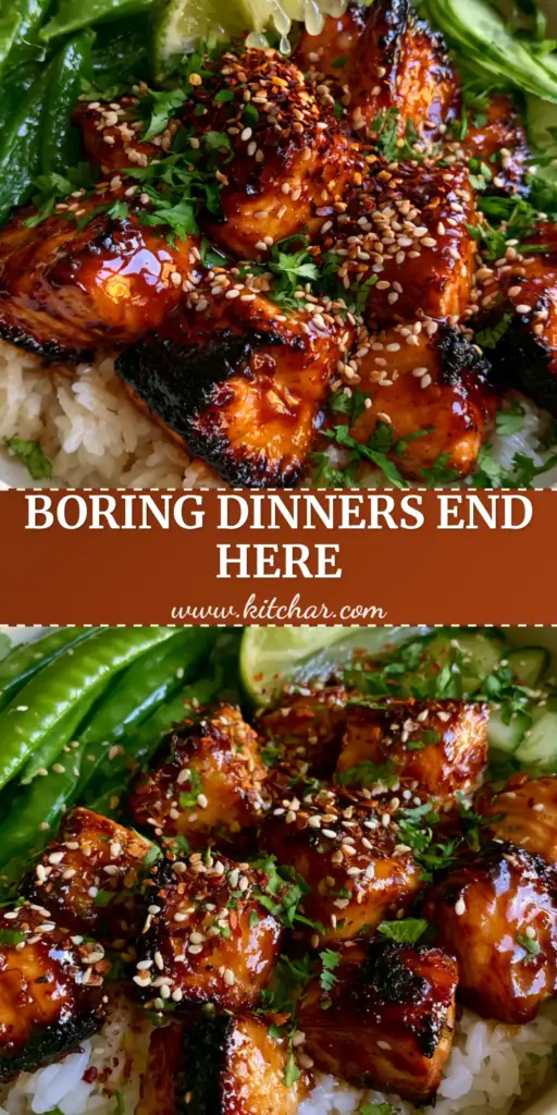 A top-down view of a honey sriracha salmon bowl with jasmine rice, snap peas, and cucumbers, perfect for healthy dinner ideas.