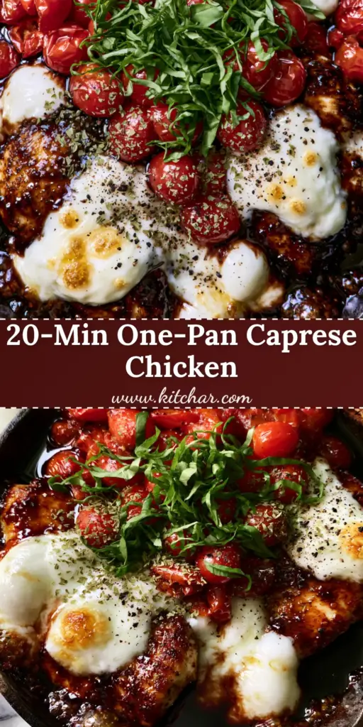 A rustic cast iron skillet filled with mahogany glazed Balsamic Chicken, melted mozzarella pearls, and blistered cherry tomatoes on a marble countertop.