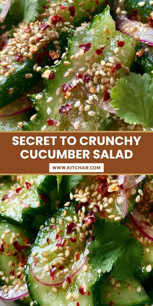 Cucumber Salad Recipe: The Ultimate Crispy Smacked Persian Salad 4 A top-down photo of a crisp smacked cucumber salad in a white bowl with sesame seeds and chili flakes. (Cucumber salad recipe)