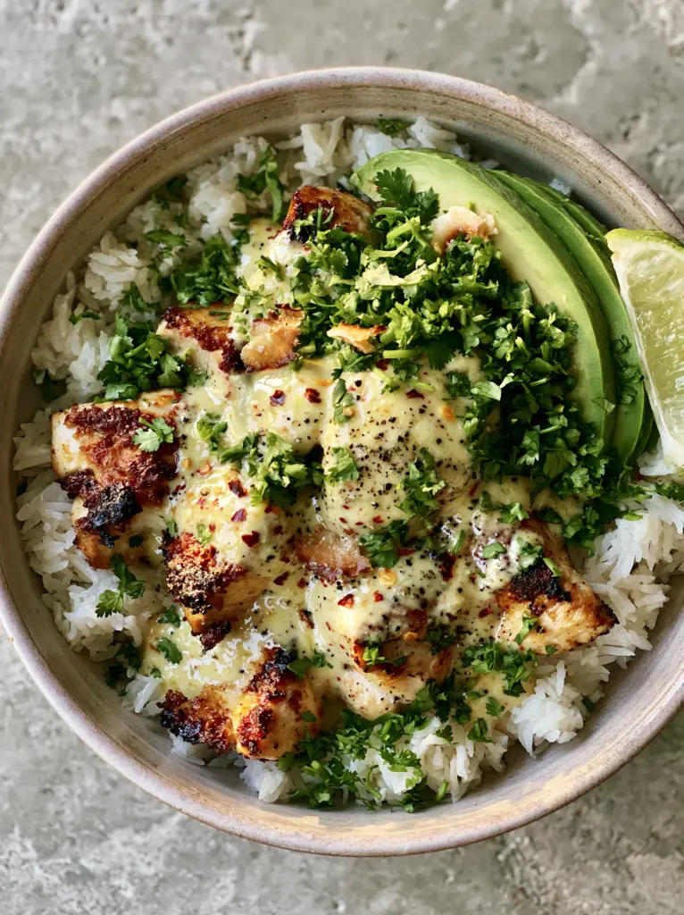 Coconut Chicken Rice Bowl: The Ultimate Creamy 30-Minute Tropical Dinner 1 Close up of the ultra-thick coconut sauce drizzled over seared chicken and fluffy jasmine rice in a Coconut Chicken Rice Bowl.