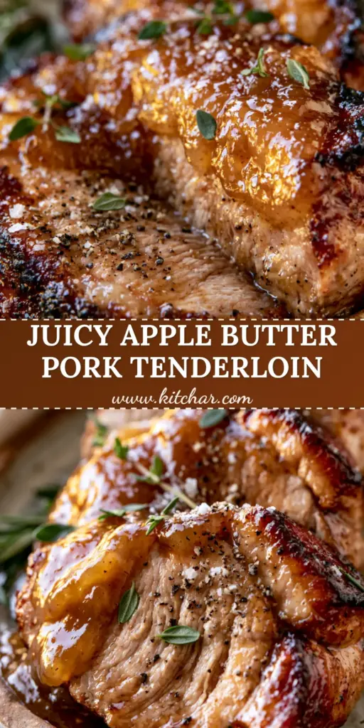 A thick-sliced roasted apple butter glazed pork tenderloin on a rustic plate, showing juicy fibers and a glistening amber glaze.