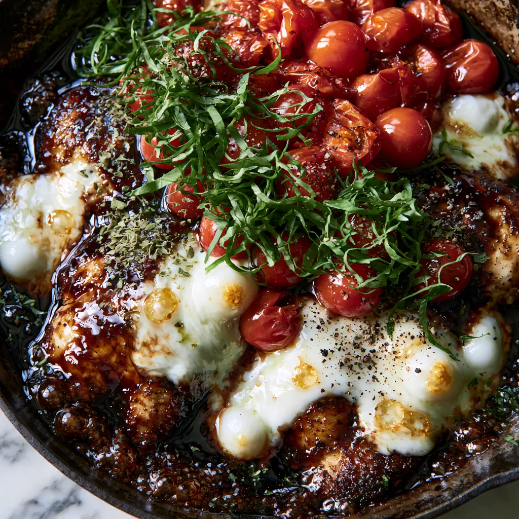 Top-down view of a black cast iron skillet containing Balsamic Chicken topped with bursting red tomatoes and fresh green basil chiffonade.