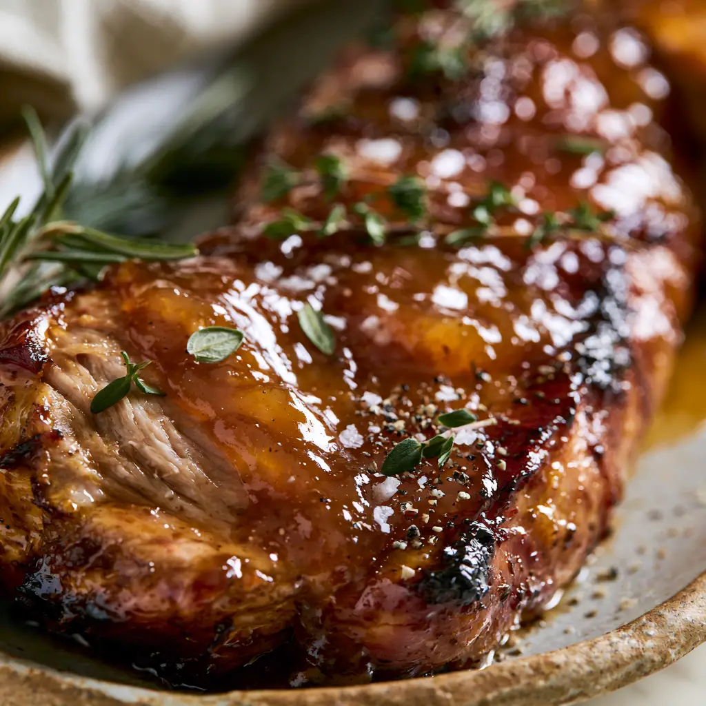 Slices of roasted pork drenched in a translucent apple butter glaze, garnished with rosemary sprigs and sea salt.