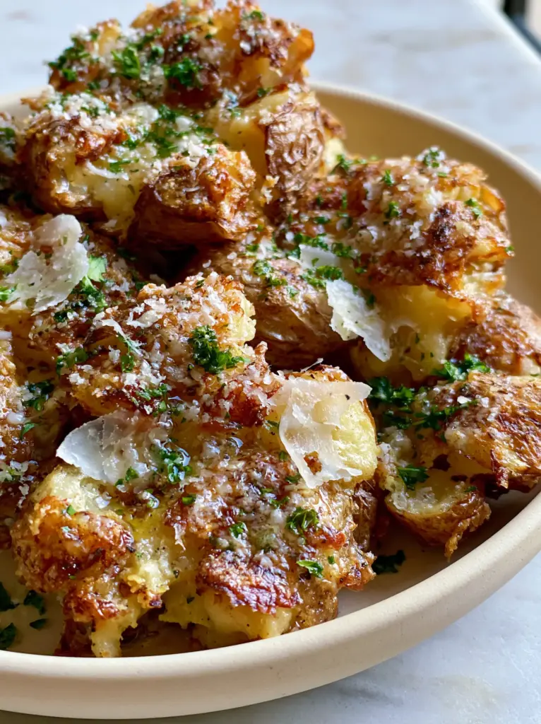 Smashed Baby Potatoes with Ultra-Crispy Garlic Butter and Parmesan 1 Smashed baby potatoes on a cream plate with emerald parsley and translucent salt flakes.
