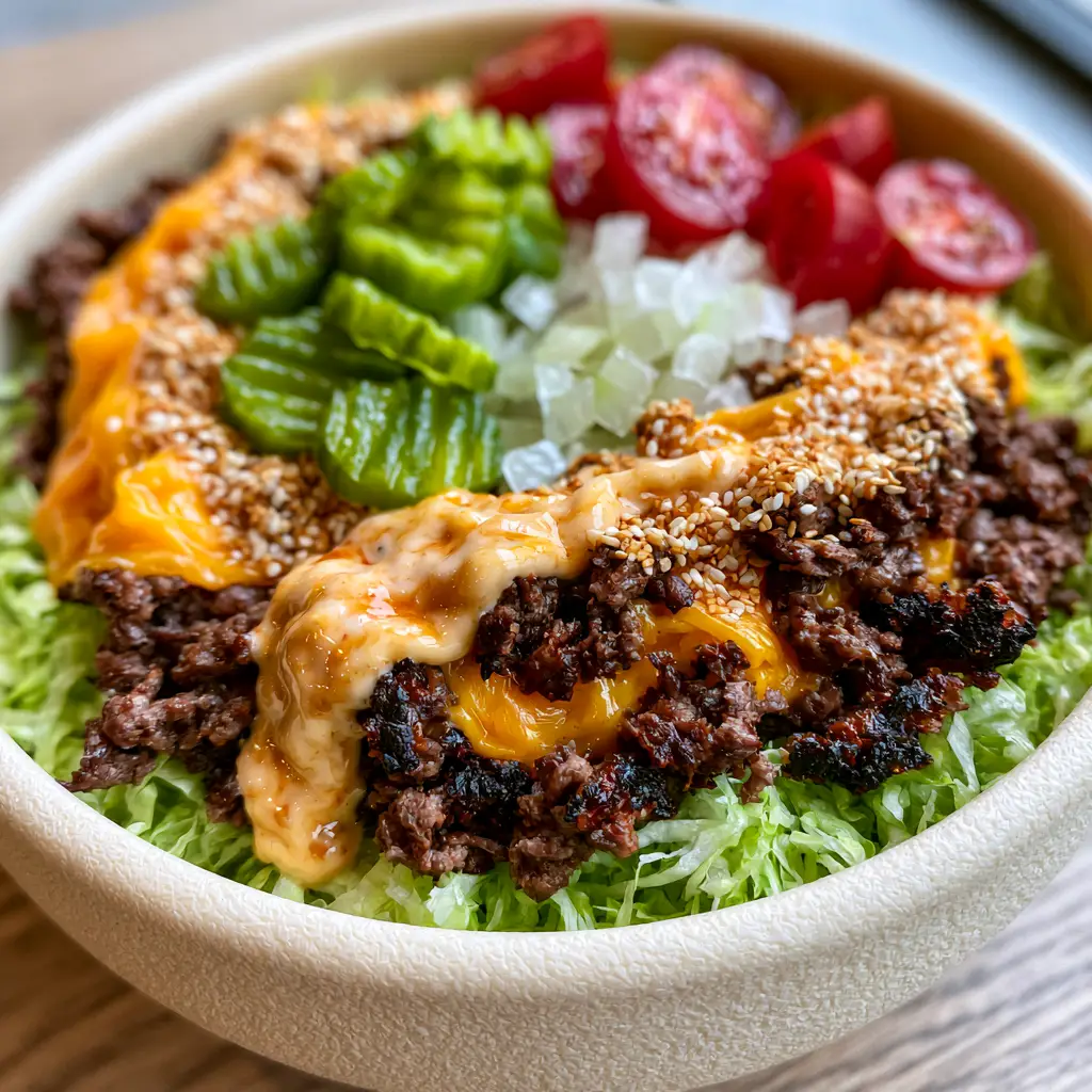 Distinct piles of cherry tomatoes, crinkle-cut pickles, and white onions arranged in a burger bowl.