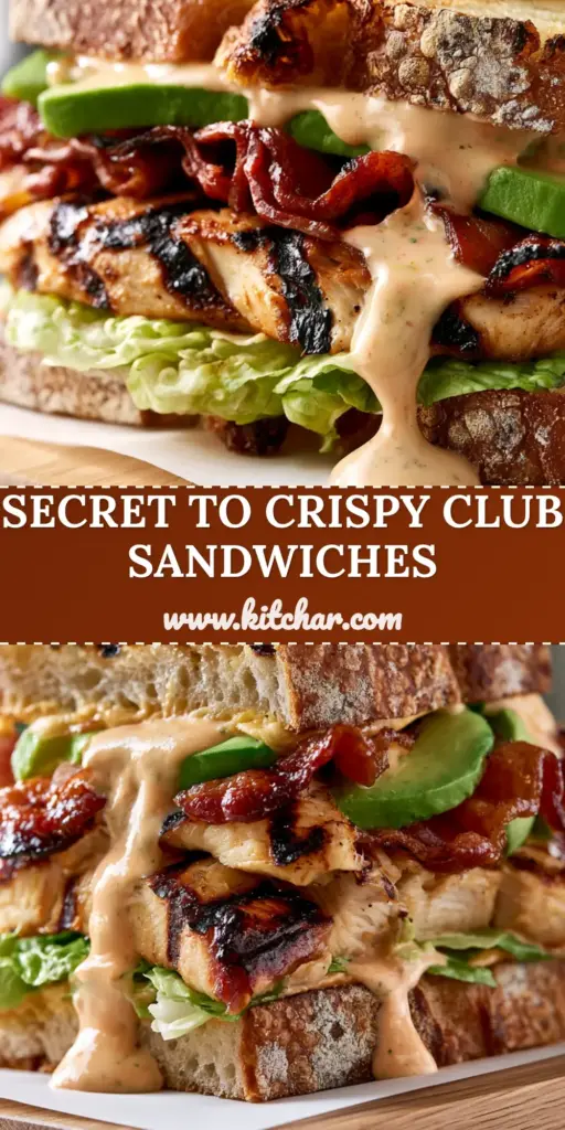 A towering Chicken Club Sandwich on thick-cut toasted sourdough bread with visible layers of grilled chicken, crispy bacon, avocado, and dripping orange sauce.