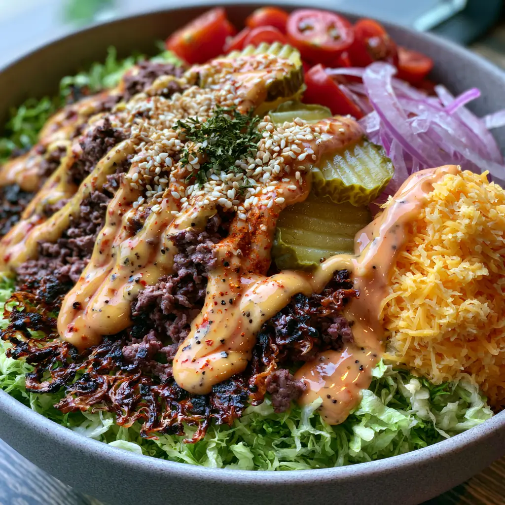 Close-up of the orange special sauce drizzle on a smash burger bowl. (Burger Bowls)