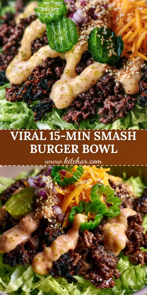 A vibrant overhead shot of gourmet burger bowls featuring charred smashed beef, orange cheddar, and crinkle-cut pickles on a bed of lettuce.