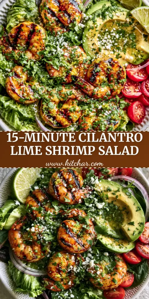 A vibrant grilled shrimp salad with char-marked jumbo shrimp, avocado slices, and cotija cheese in a white bowl.