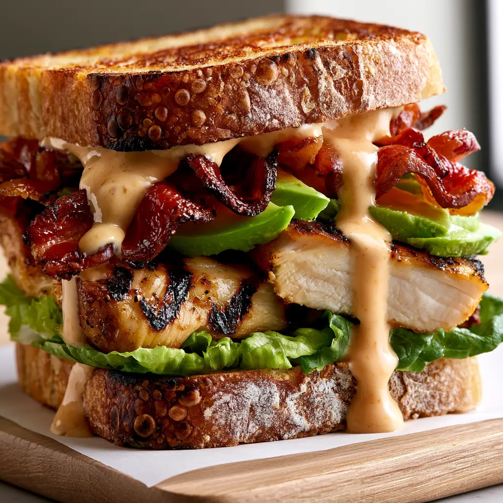 A Chicken Club Sandwich resting on white parchment paper showing the pale-orange club sauce dripping down the sourdough bread.