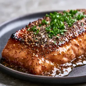 Extreme close-up of a thick succulent salmon fillet smothered in amber glaze on a matte plate. (Maple dijon baked salmon)