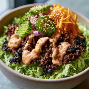Close-up of smashed ground beef with deeply caramelized edges in gourmet burger bowls.