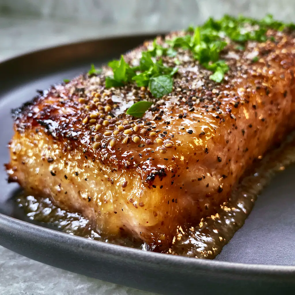 Overhead view of a perfectly flaked baked salmon fillet with charred edges and flaky sea salt. (Maple dijon baked salmon)