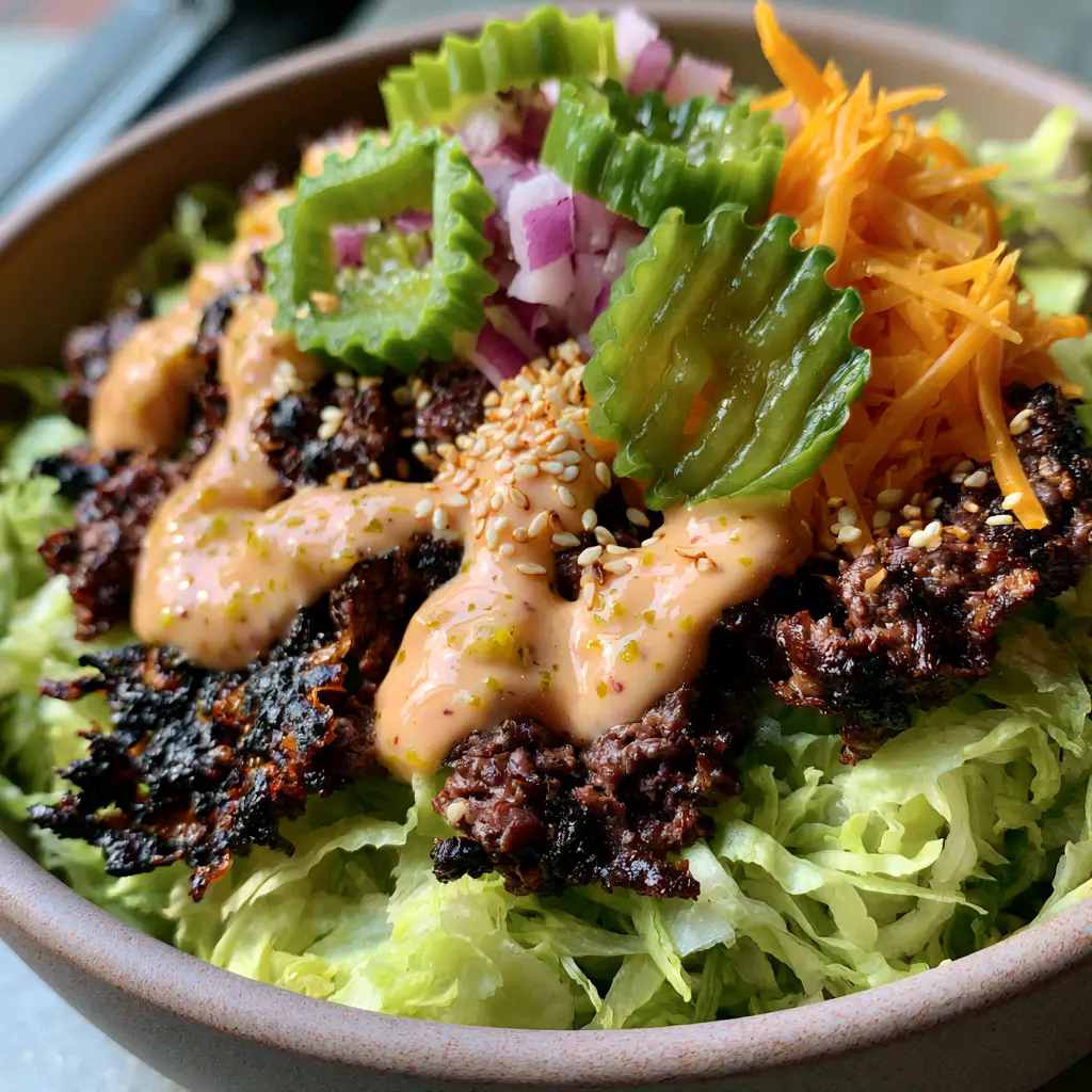 Burger bowls arranged in matte ceramic bowls with glossy special sauce and sesame seed garnish.