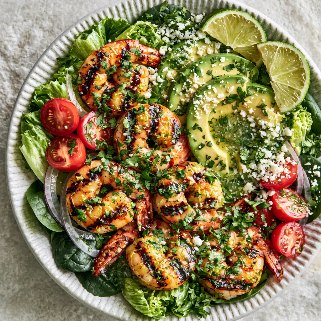 Wide shot of a healthy grilled shrimp salad in a textured ceramic bowl on a grey stone background.