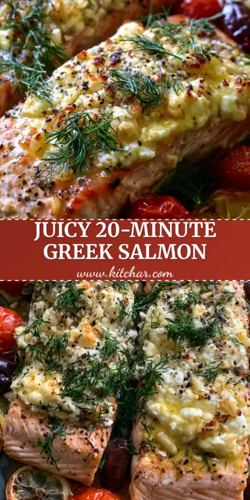 A top-down view of two thick seared salmon fillets topped with melted feta, blistered tomatoes, and fresh dill on a slate background. (Mediterranean Baked Salmon Recipe)