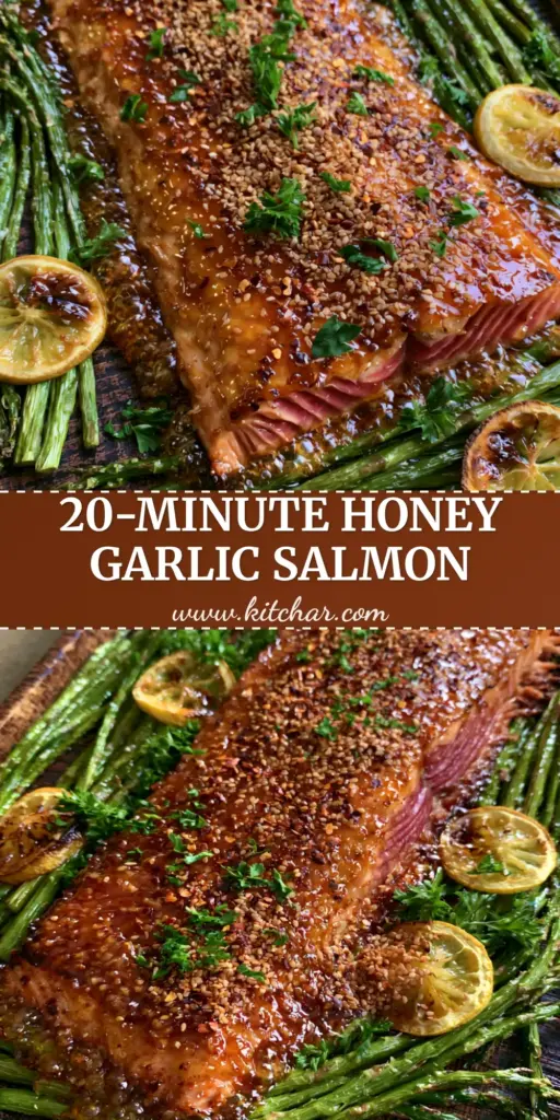 A top-down sheet pan view of glazed baked salmon with roasted asparagus, toasted sesame seeds, and charred lemon slices.