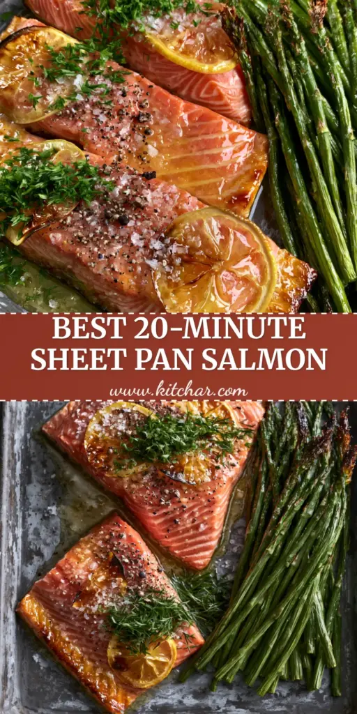 A top-down sheet pan view of three baked salmon fillets with garlic butter and charred asparagus spears. (baked salmon with asparagus)