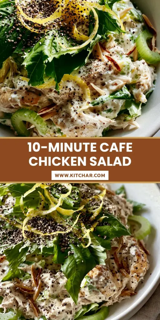 Lemon Basil Chicken Salad with Creamy Greek Yogurt Dressing 4 A close-up shot of Lemon Basil Chicken Salad in a matte white bowl featuring shredded chicken, lemon zest ribbons, and fresh basil.