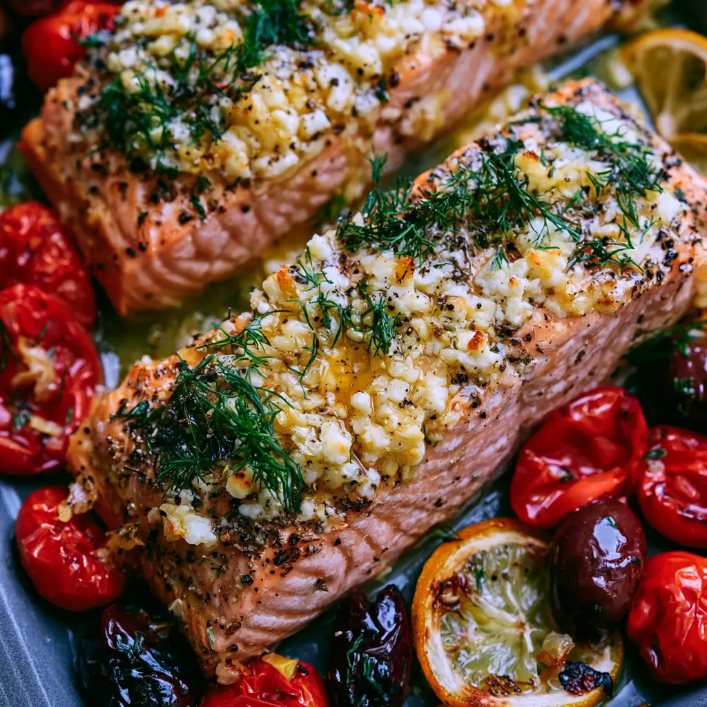 Top-down view of a sheet pan containing seared salmon, blistered cherry tomatoes, and glossy kalamata olives.