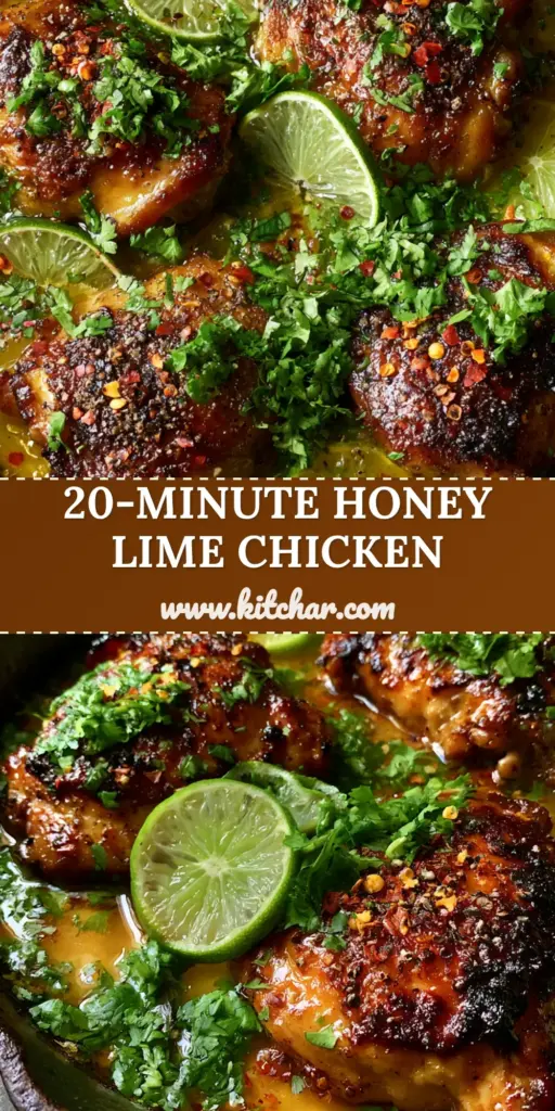 Overhead shot of seared Spicy Honey Lime Chicken Thighs in a cast iron skillet with lime slices and cilantro.