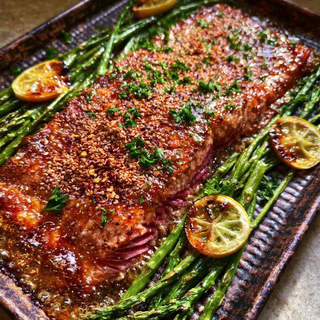 Top-down view of slender roasted asparagus with charred blister marks next to flaky salmon. (baked salmon)