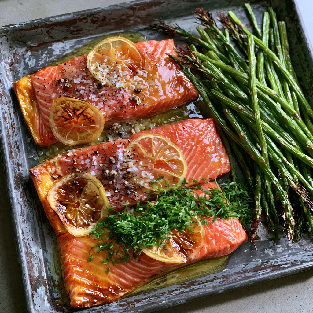 Detailed view of the garlic butter sauce glistening on baked salmon with asparagus tips.