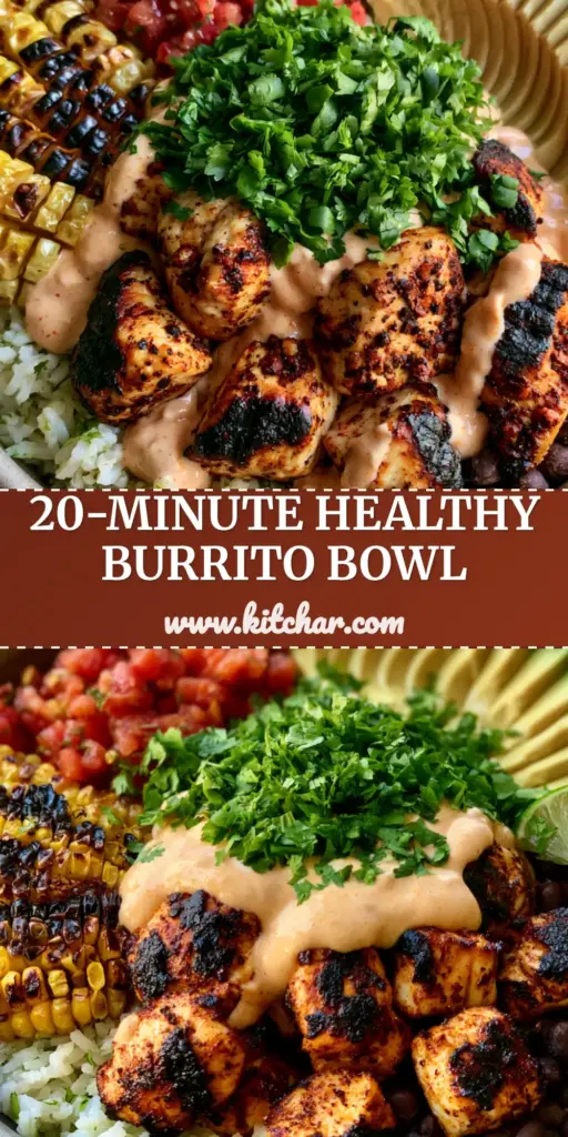 Gourmet Chicken burrito bowl in a matte ceramic bowl with charred corn, avocado fans, and chipotle lime crema drizzle.