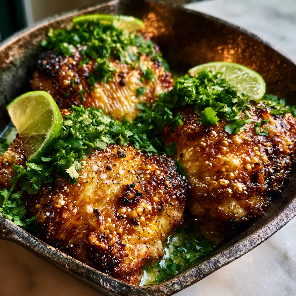 Sizzling chicken thighs in a rustic skillet with fresh chopped cilantro and lime semi-circles.