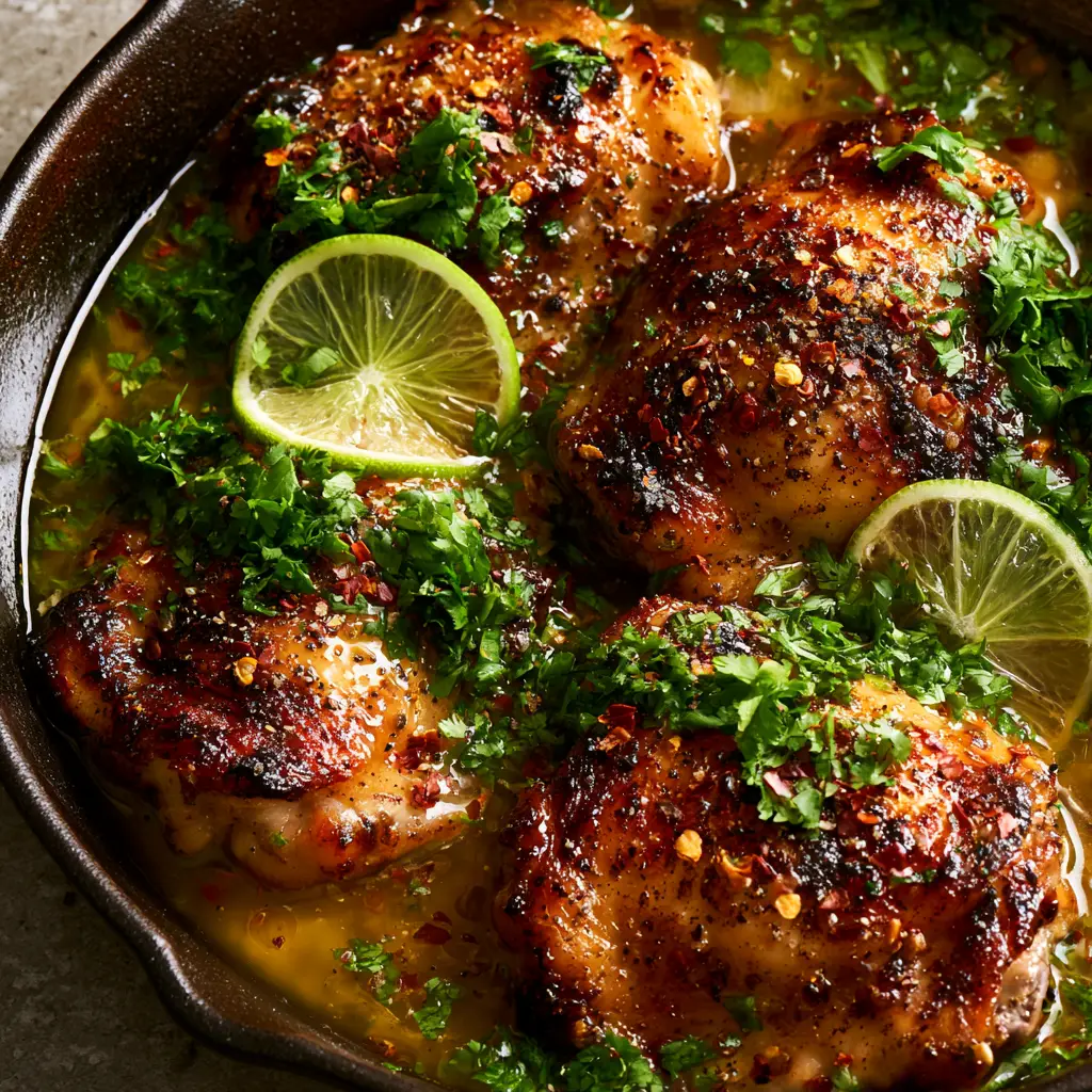 Top-down view of chicken thighs in a cast iron skillet garnished with translucent lime slices and red chili flakes.