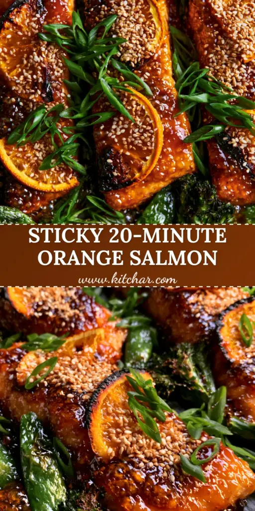 A close-up shot of three Orange Teriyaki Baked Salmon fillets on a sheet pan with charred oranges, sesame seeds, and green scallions.