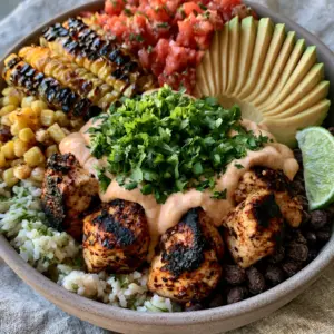 Close up of pan-seared spiced chicken breast with dark golden-brown char marks in a Chicken burrito bowl.