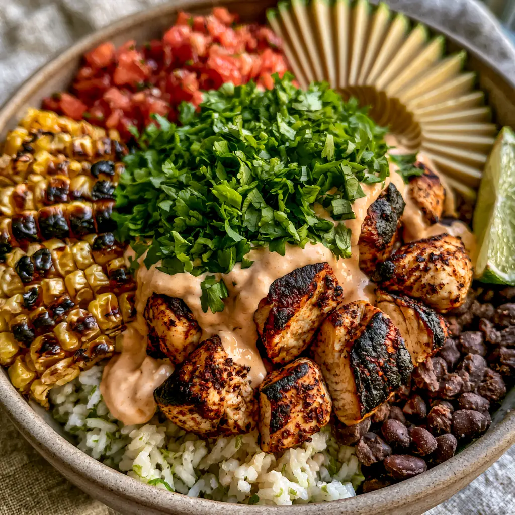 A Chicken burrito bowl featuring fire-roasted corn, vibrant pico de gallo, and thick slices of ripe avocado.