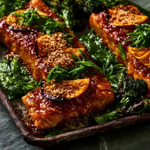Macro photo of three flaky Orange Teriyaki Baked Salmon fillets with glistening glaze on a rustic dark sheet pan.