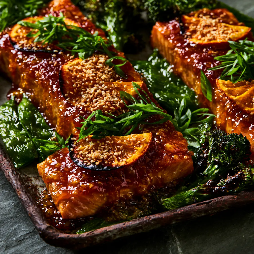 Macro photo of three flaky Orange Teriyaki Baked Salmon fillets with glistening glaze on a rustic dark sheet pan.