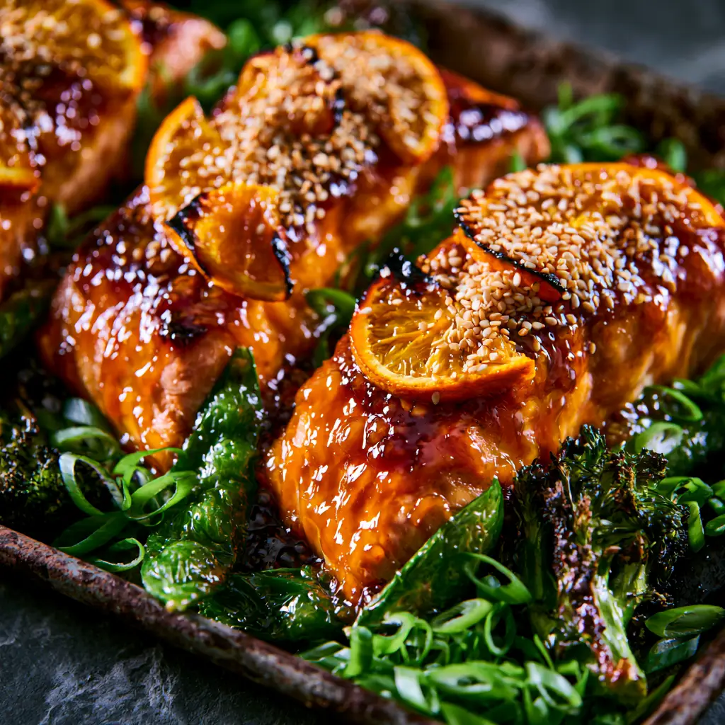 Close-up of blistered snap peas, charred broccoli, and glazed Orange Teriyaki Baked Salmon with toasted sesame seeds.