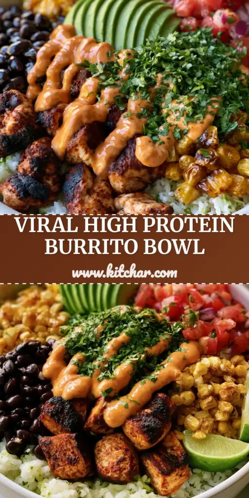 A gourmet chicken burrito bowl in a white bowl featuring charred chicken, glossy beans, and a chipotle drizzle. (chicken burrito bowl)