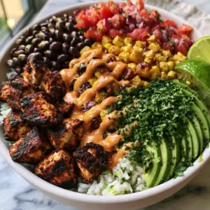 A handheld smartphone photo of a vibrant chicken burrito bowl on a marble countertop. (chicken burrito bowl)