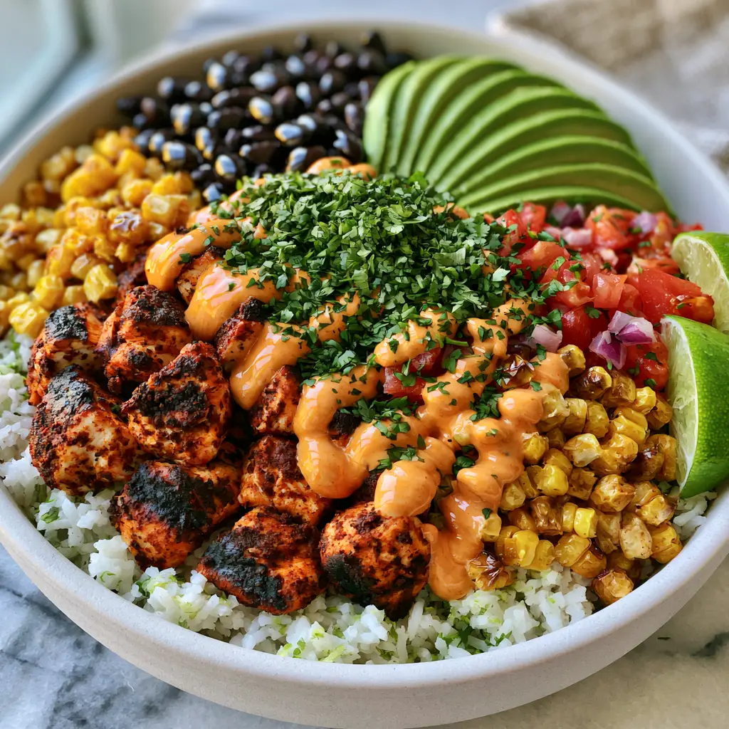 Close up focus on the charred texture of the chicken breast chunks in a chicken burrito bowl.