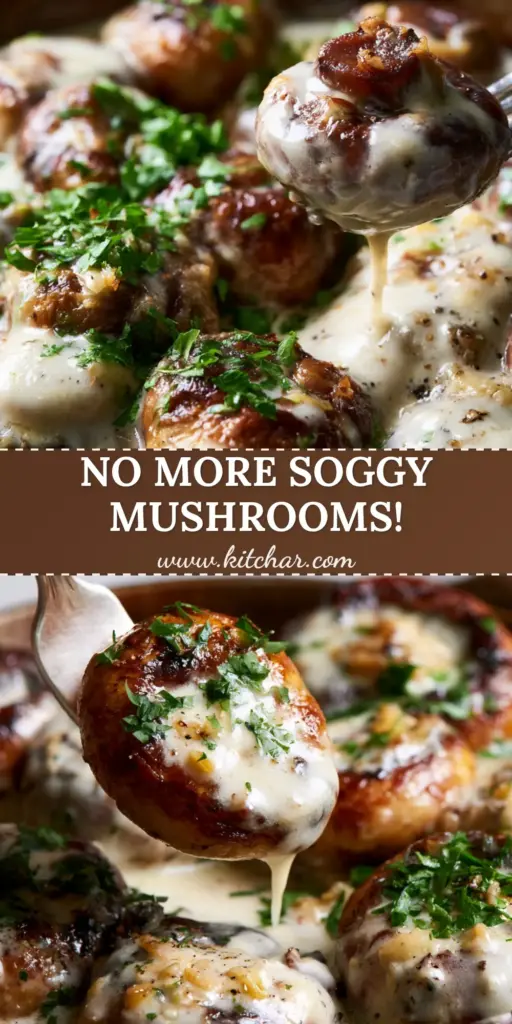 Whole seared cremini mushrooms in a cast iron skillet smothered in a thick garlic cream sauce with parsley garnish. (mushroom recipes)