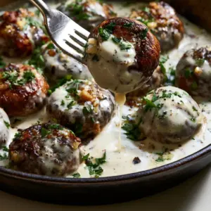 Macro shot of plump whole cremini mushrooms with golden-brown caramelized edges in a thick white garlic sauce. (mushroom recipes)