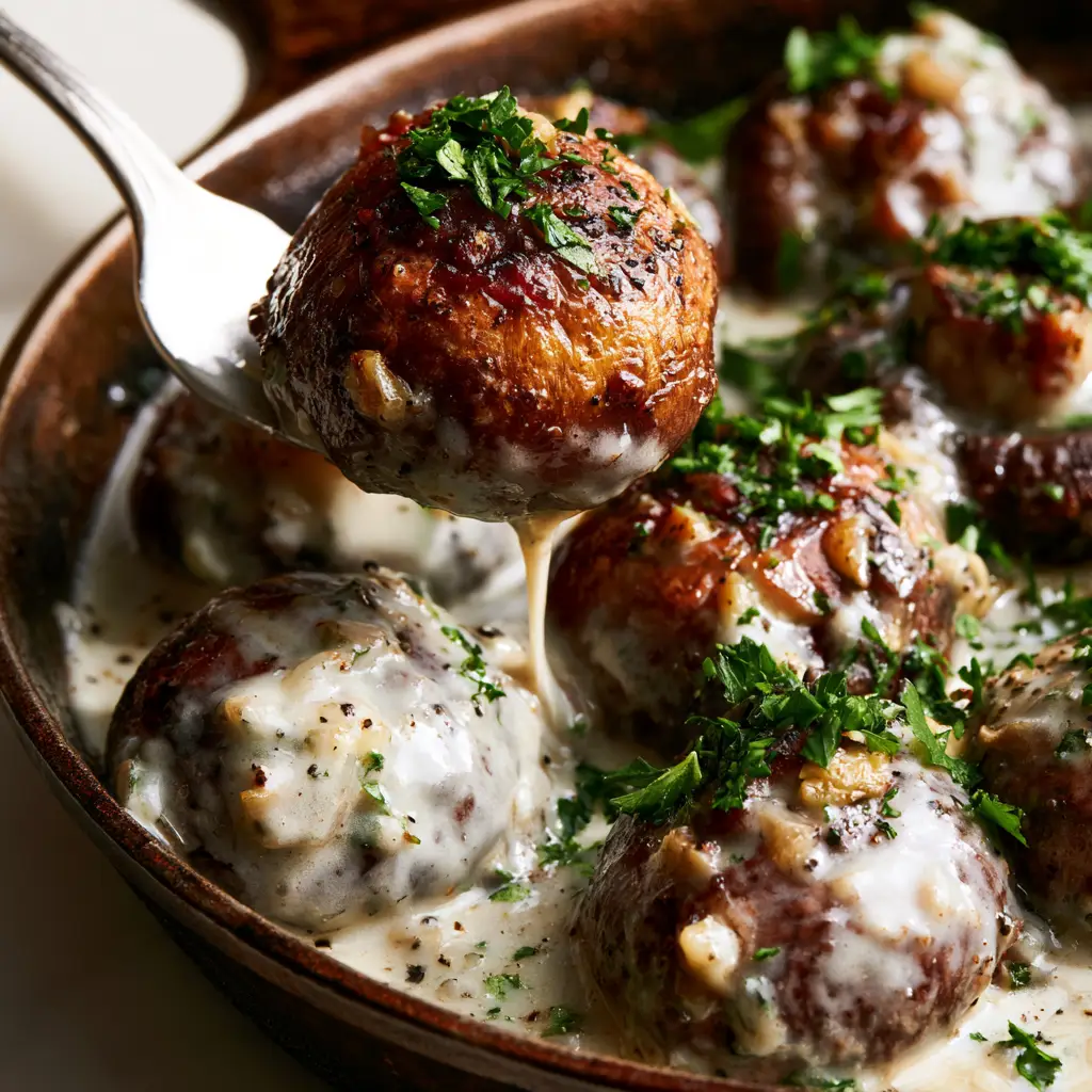 Close-up of a silver fork lifting a mushroom showing a string of creamy garlic sauce dripping back into the cast iron skillet. (mushroom recipes)