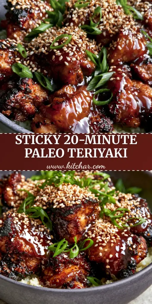 A close-up shot of Sticky Paleo Chicken Teriyaki with a thick mahogany glaze in a charcoal bowl.